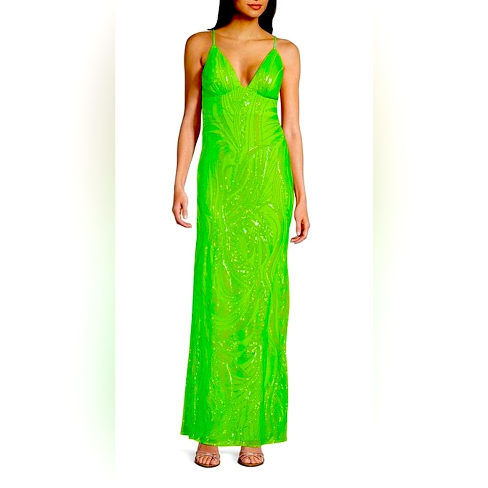 Bright Green Sequined Lace Spaghetti Strap Formal Gown Junior 3